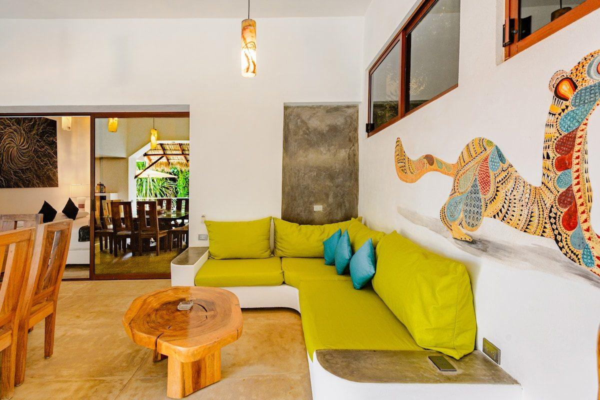 The open terrace at golden hour at Nahual, Tierra en Armonía